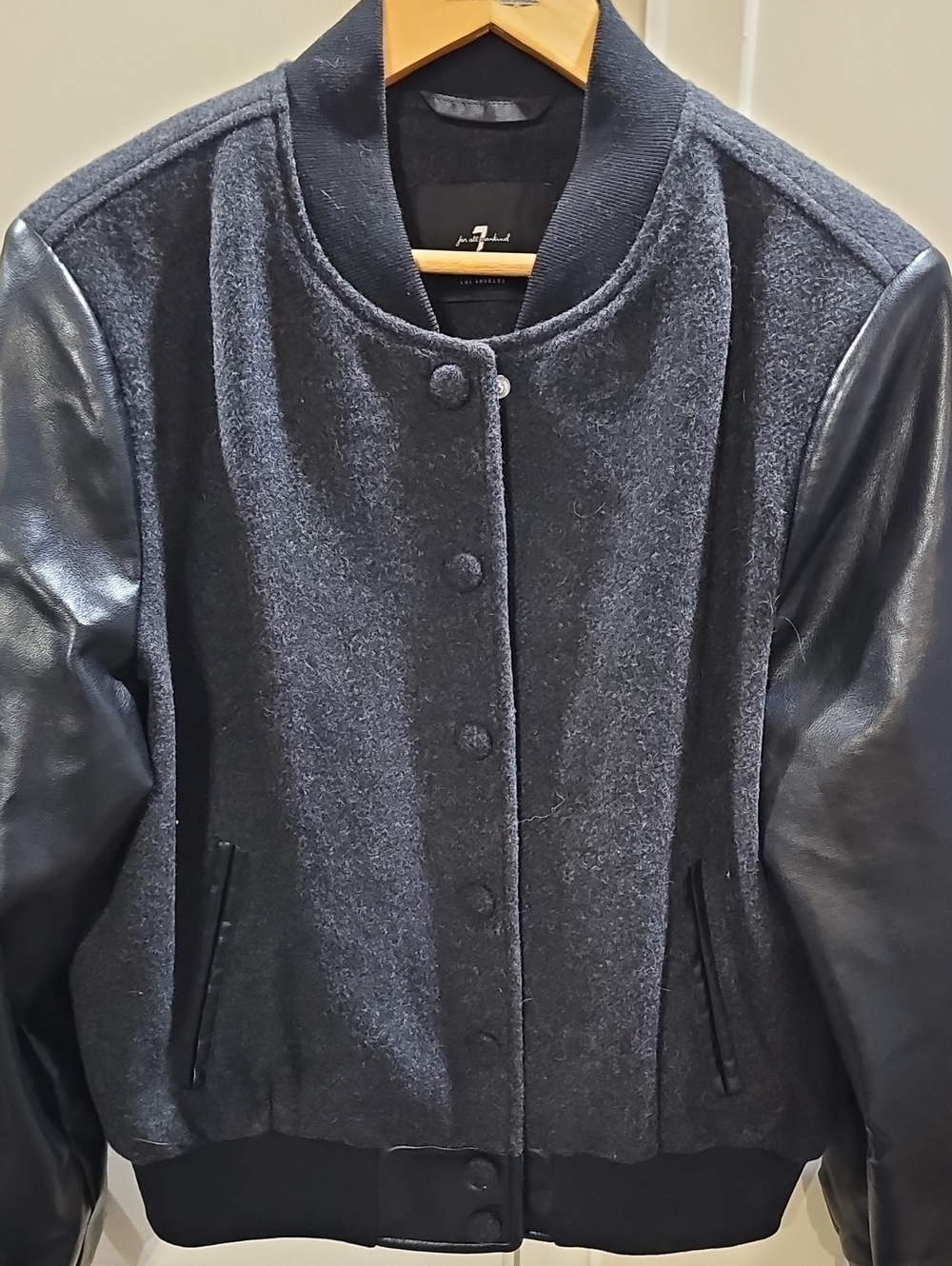 7 For Mankind Wool-Blend Bomber Jacket with Leather Sleeves - Dark Gray